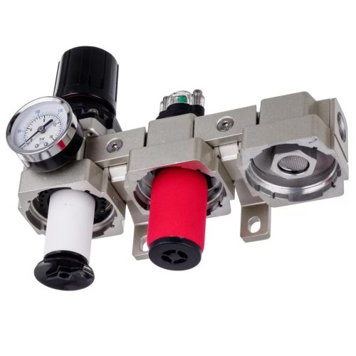 Stație de pregătire a aerului de precizie cu 3 filtre de vopsire – 5 µm, 0,3 µm, 0,01 µm, cu racord filetat 1/2", cuple rapide (bloc de pregătire aer)
