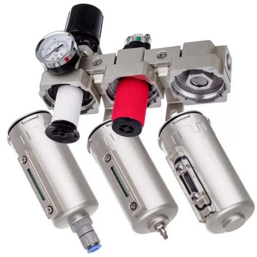 Stație de pregătire a aerului de precizie cu 3 filtre de vopsire – 5 µm, 0,3 µm, 0,01 µm, cu racord filetat 1/2", cuple rapide (bloc de pregătire aer)