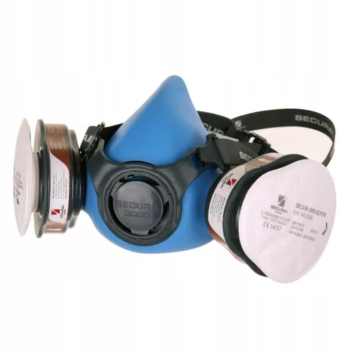 Mască de Protecție Respiratorie SECURA 3000 pentru Vopsire și Șlefuire - Valvă Inhalare dublă, Conector baionetă, Filtru textil monobloc