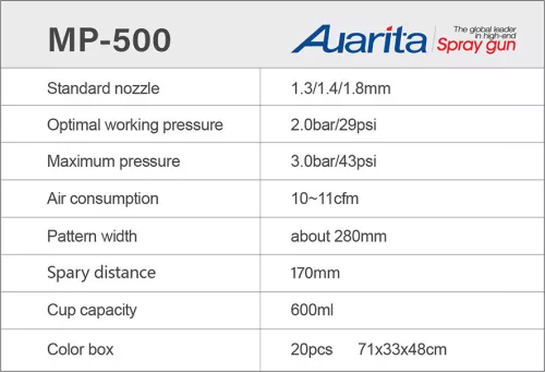 Pistol de vopsit Auarita MP-500 LVLP 1,7 mm, rezervor 600 ml