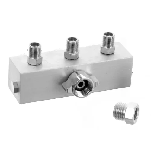 Distribuitor Aerograf din Aluminiu BD13-3, 3 ieșiri 3,175mm și 1 intrare 6,35mm