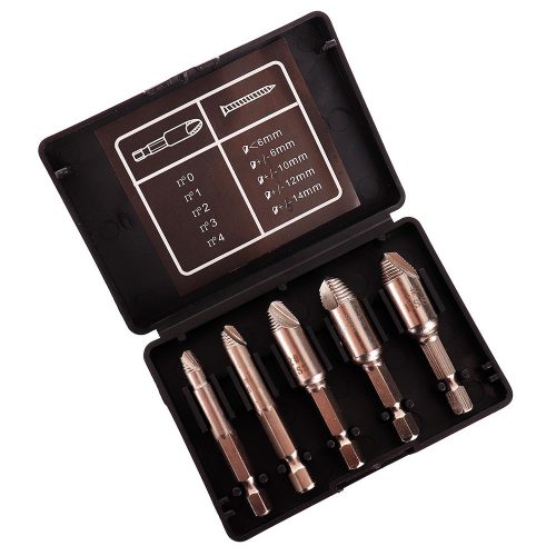 Set Extractoare Șuruburi Rupte, 5 Dimensiuni HSS, Mandrină HEX 1/4"