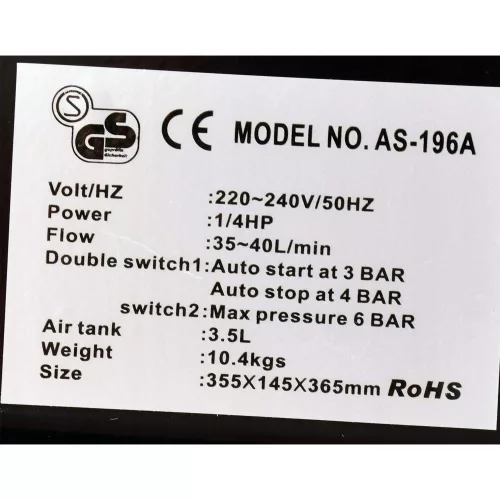 Compresor cu Dublu Piston AS-196A, 6 Bar, 3.5 Litri
