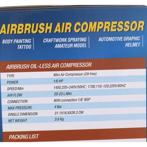 Compresor Aerograf AS18-3 Fără Ulei, 1/6 CP, Duze 0.2-1.0mm