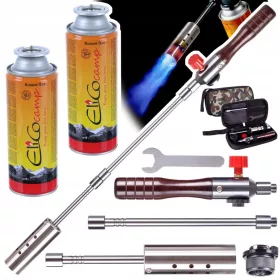   Set arzător cu gaz demontabil cu mâner din lemn, husă și 2 cartușe EliCo 220g