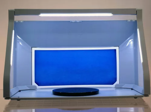 Cabină de Pictură Portabilă cu Iluminare LED, Ventilator Dublu și Platformă Rotativă