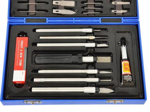 Set Cuțite de Modelare Precise Tehnicose BD-450, 52 piese, cu Mânere Metalice, Piatră de Slefuire și Lipici