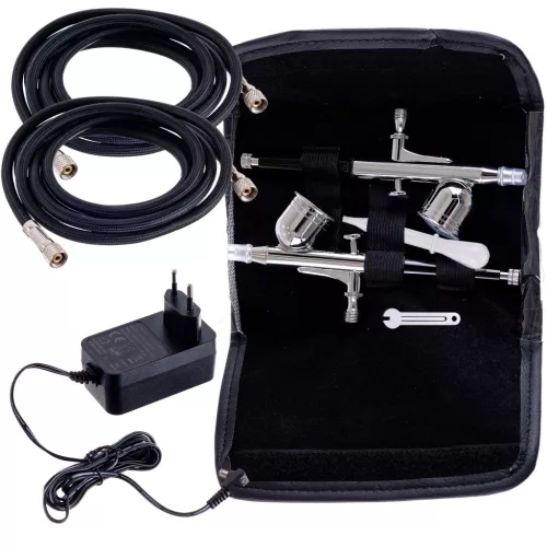 Set Compresor Airbrush cu Două Aerografe și Funcție Auto Start-Stop